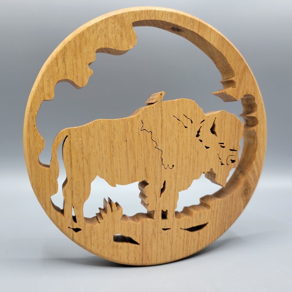 Buffalo Scene Handcrafted Wooden 3D Oak Wood Circular Wall Art Trivet Decor - Picture 5 of 10